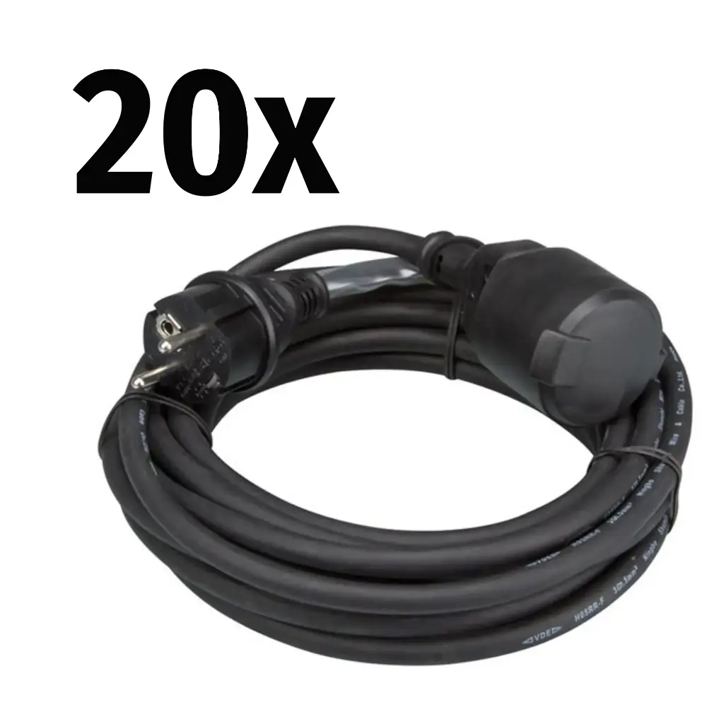 20x Perel - Rallonge - 3G1,5mm² - Schuko M/F - Noir - 5m avec gaine thermo