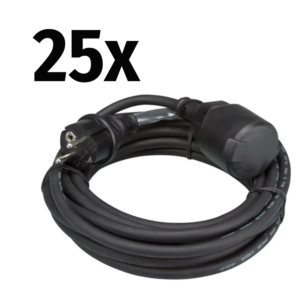 25x Perel - Rallonge - 3G1,5mm² - Schuko M/F - Noir - 1,5m avec gaine thermo