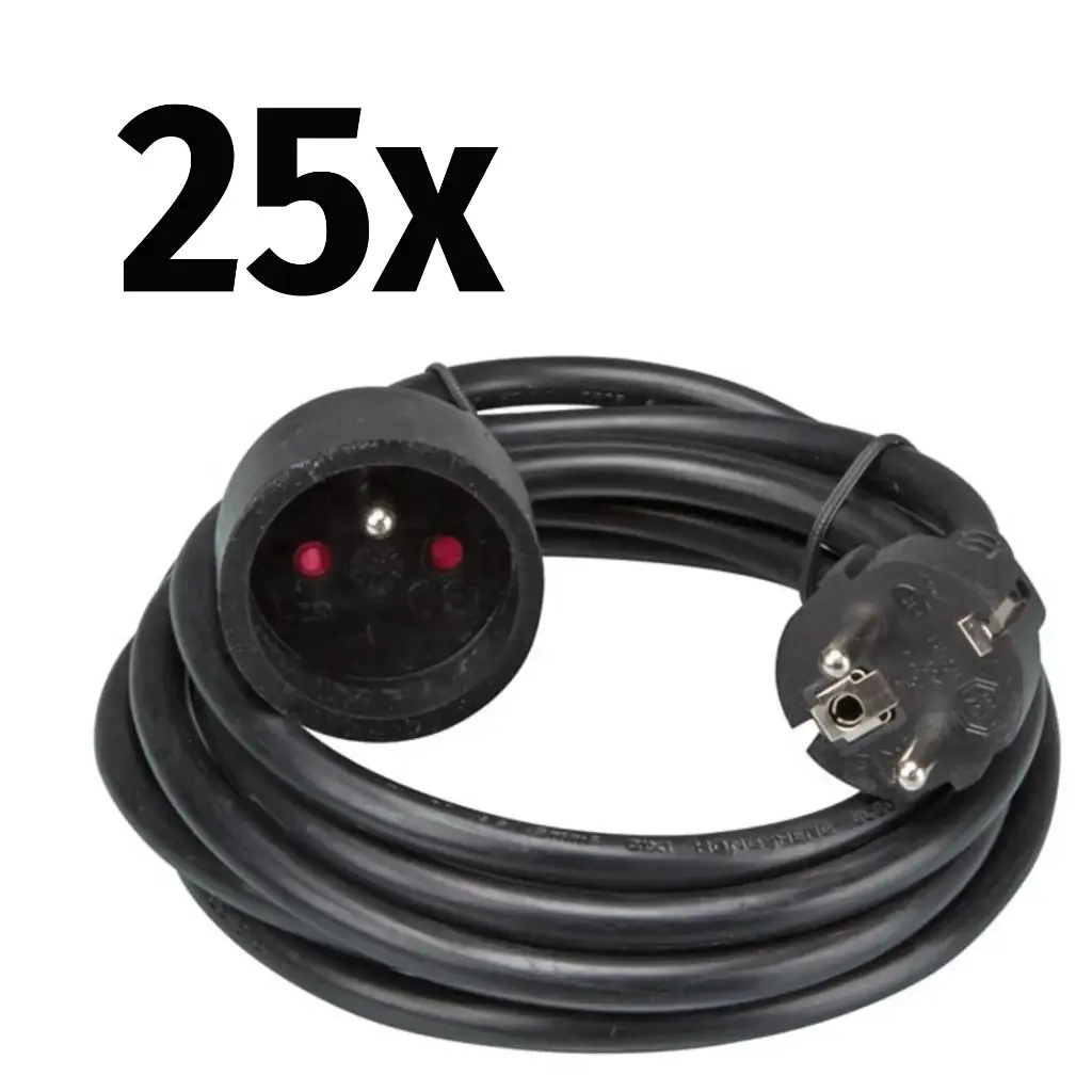 25x Perel - Rallonge - 3G1,5mm² - Schuko M/F - Noir - 5m