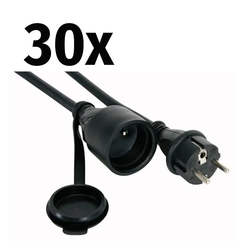 30x Perel - Rallonge - 3G1,5mm² - Schuko M/F - Noir - 3m avec gaine thermo