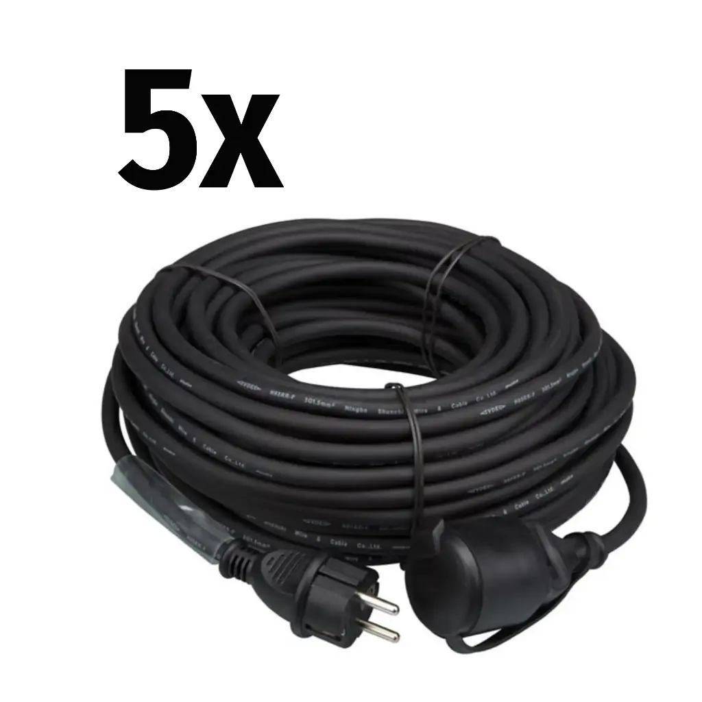 5x Perel - Rallonge - 3G1,5mm² - Schuko M/F - Noir - 25m avec gaine thermo