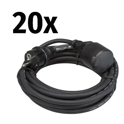 20x Perel - Rallonge - 3G1,5mm² - Schuko M/F - Noir - 5m avec gaine thermo