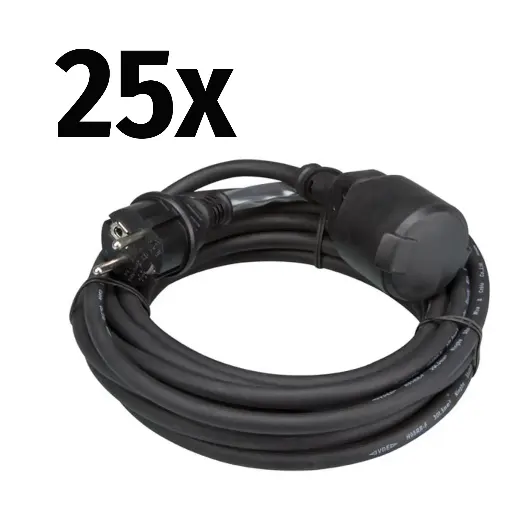 25x Perel - Rallonge - 3G1,5mm² - Schuko M/F - Noir - 1,5m avec gaine thermo
