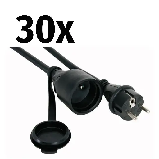 30x Perel - Rallonge - 3G1,5mm² - Schuko M/F - Noir - 3m avec gaine thermo