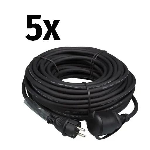 5x Perel - Rallonge - 3G1,5mm² - Schuko M/F - Noir - 25m avec gaine thermo